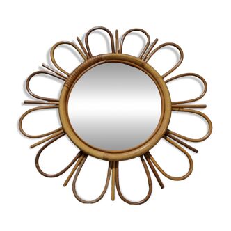 Authentique ancien miroir Vintage en rotin et bambou en très bon état