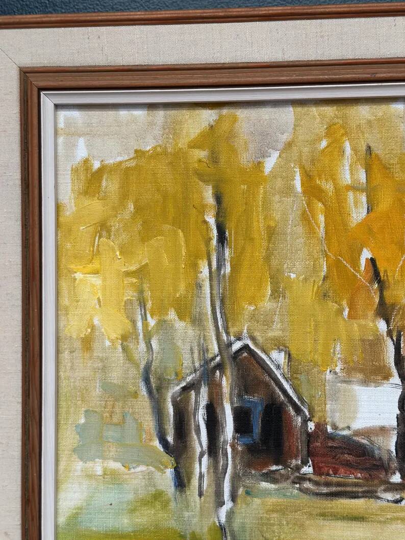 Original Swedish Oil on Canvas – "Houses and Trees in Autumn" by Pia H. Campbell