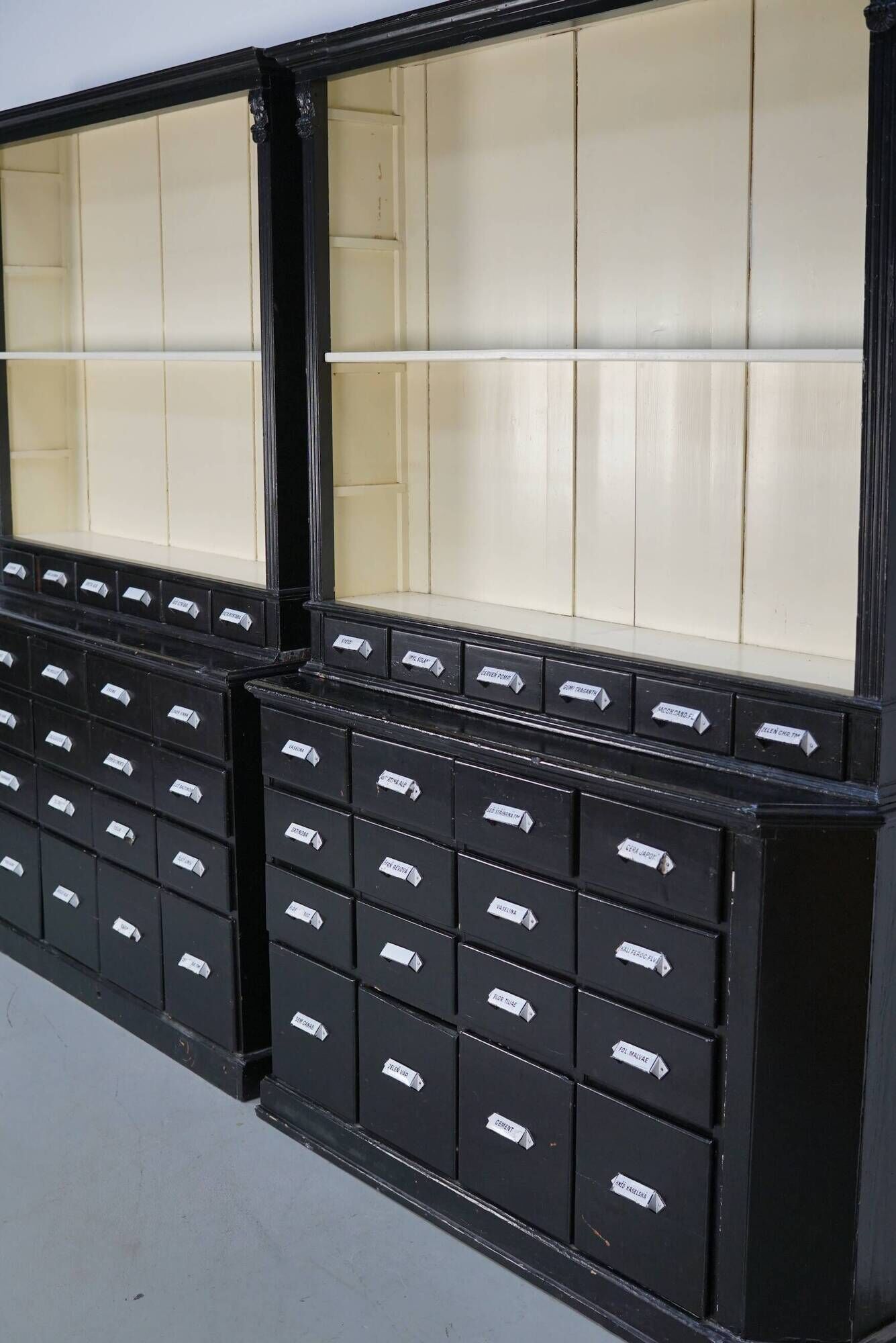 Large pair of antique apothecary cabinets painted black, Eastern Europe, 1910s