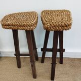 Paire de tabourets en corde tressée et pin sablé
