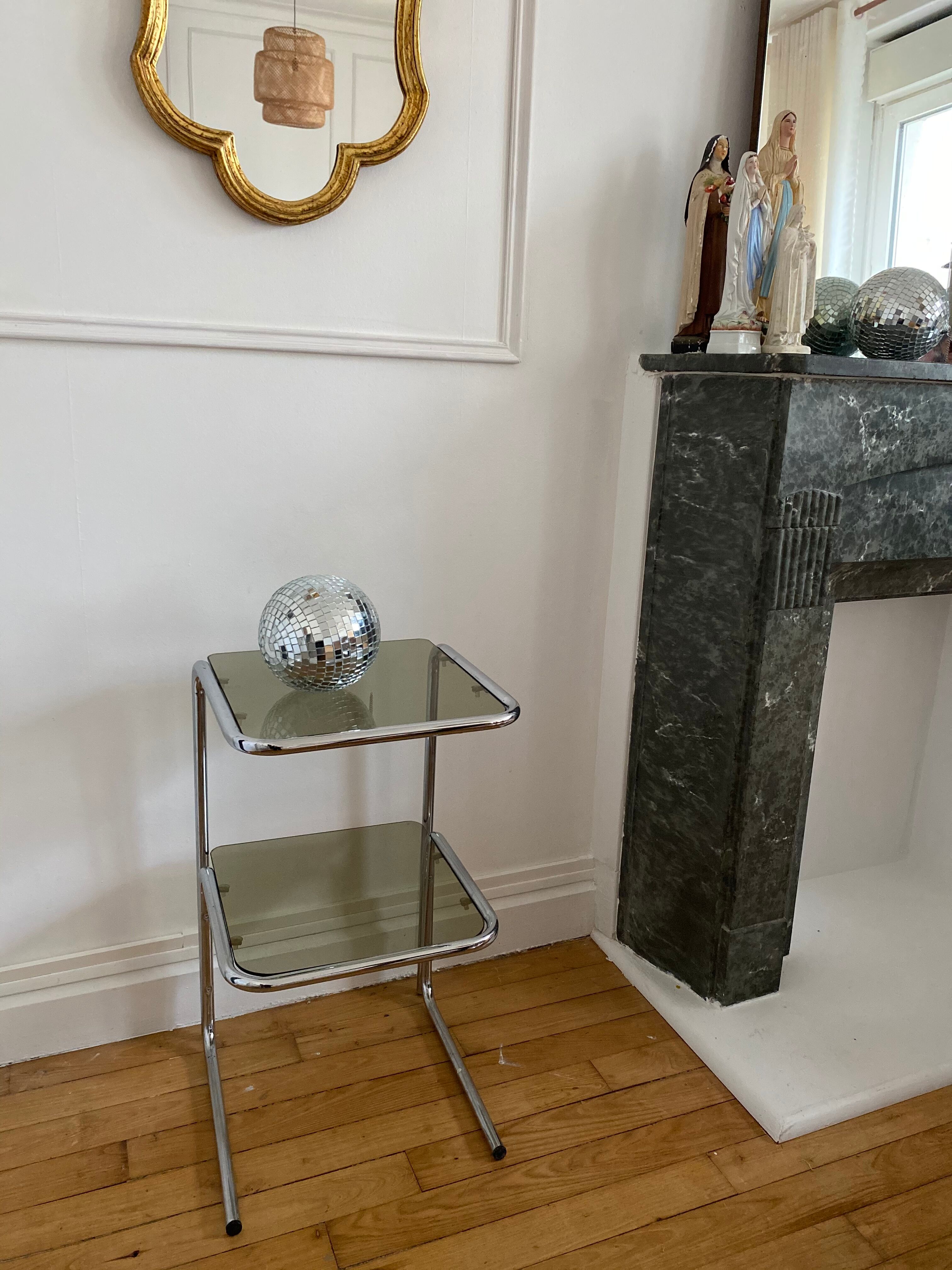 Chrome metal table and smoked glass