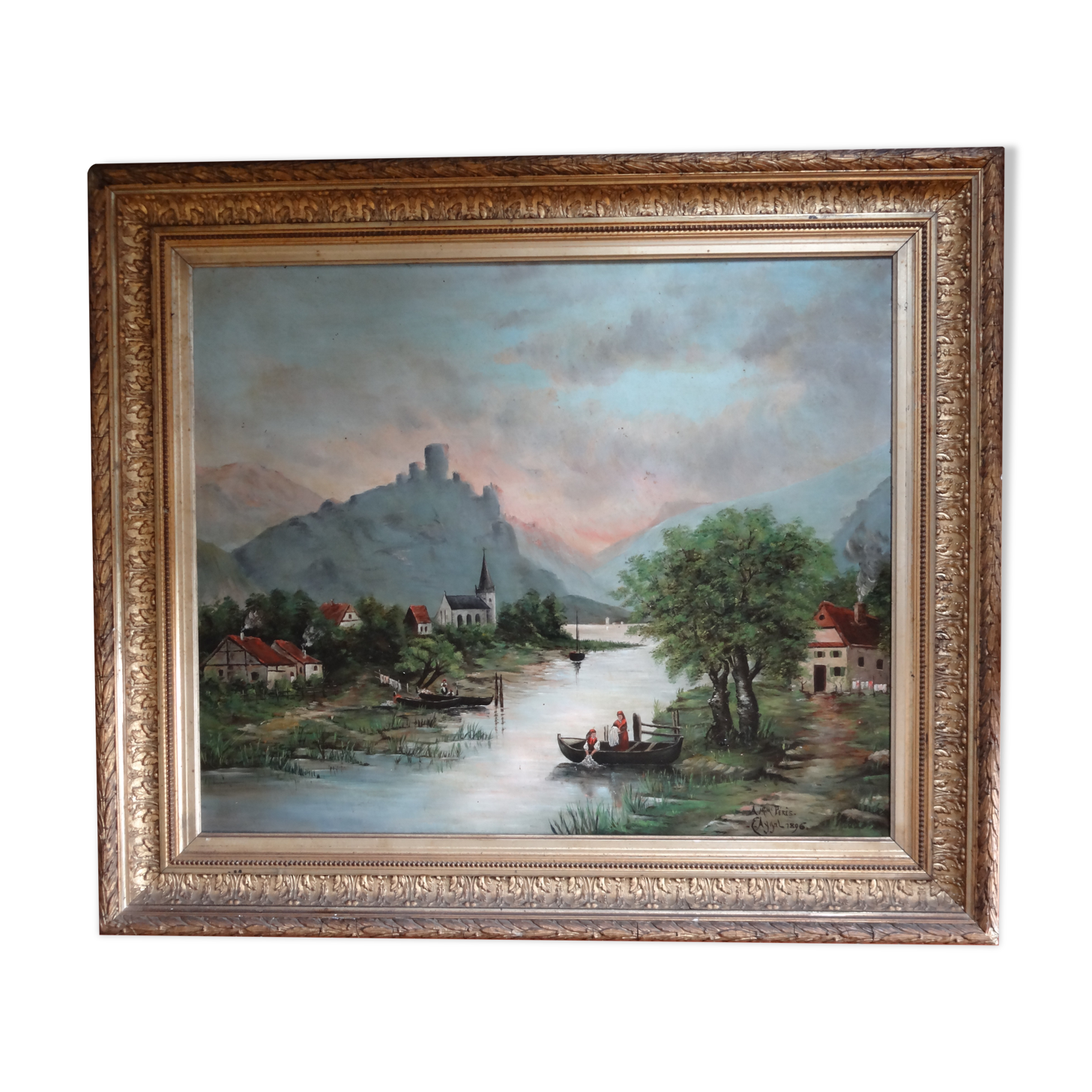 Animated landscape, washerwomen by the river, 81 x 70 cm, Oil on canvas XIXth by E. AYGAL