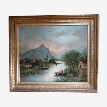 Paysage animé, lavandières en bord de rivière, 81 x 70 cm, Huile sur toile XIXème par E. AYGAL