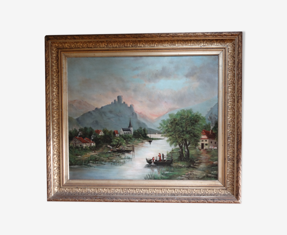 Paysage animé, lavandières en bord de rivière, 81 x 70 cm, Huile sur toile XIXème par E. AYGAL