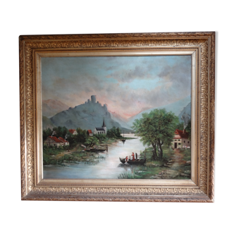 Paysage animé, lavandières en bord de rivière, 81 x 70 cm, Huile sur toile XIXème par E. AYGAL