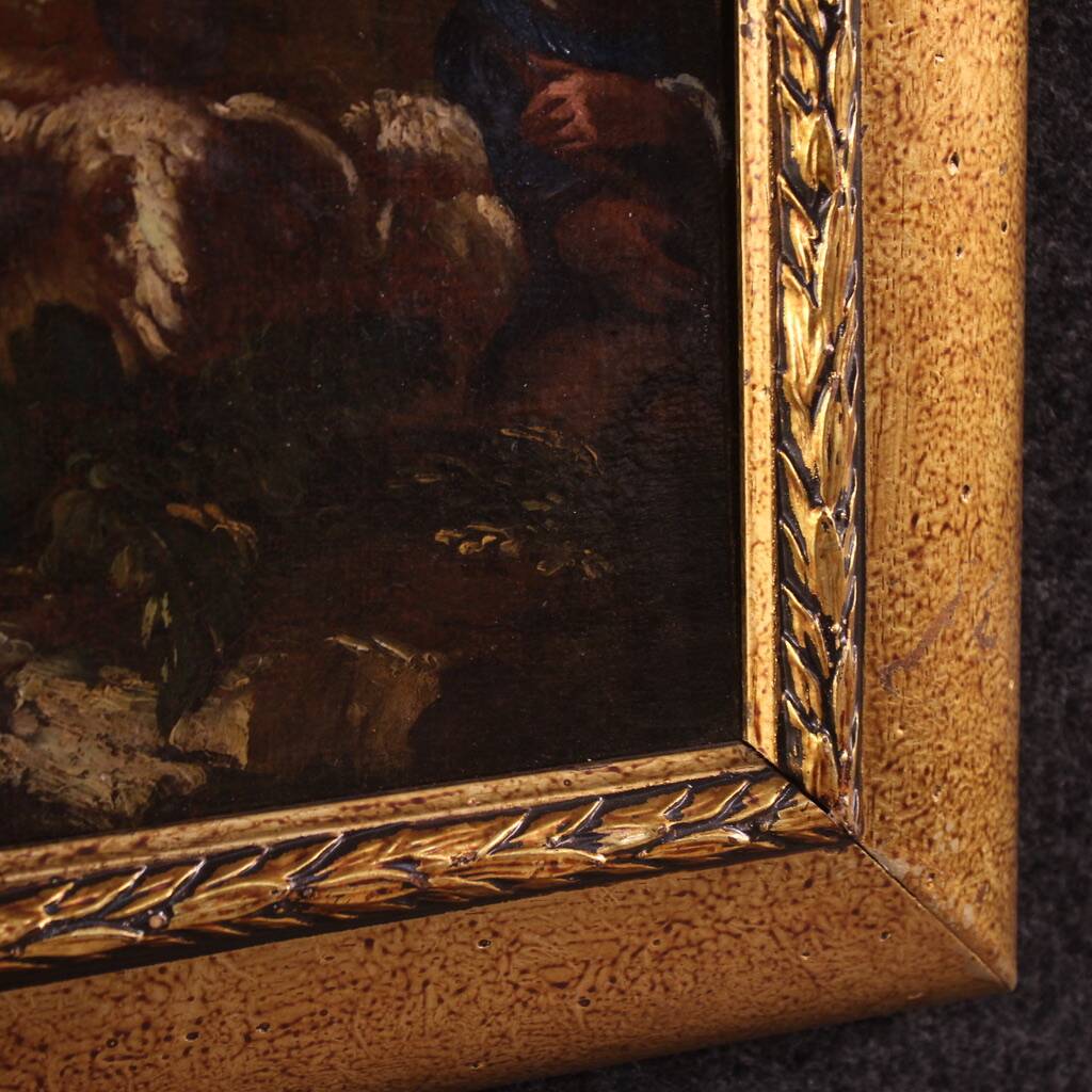Peinture italienne antique du XVIIIe siècle, paysage avec scène pastorale
