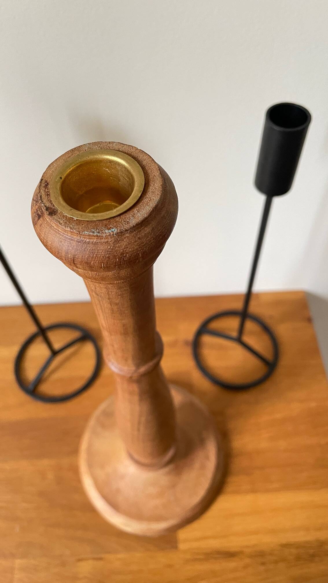 Trio of Vintage Teak and Steel Candlesticks