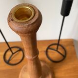 Trio of Vintage Teak and Steel Candlesticks
