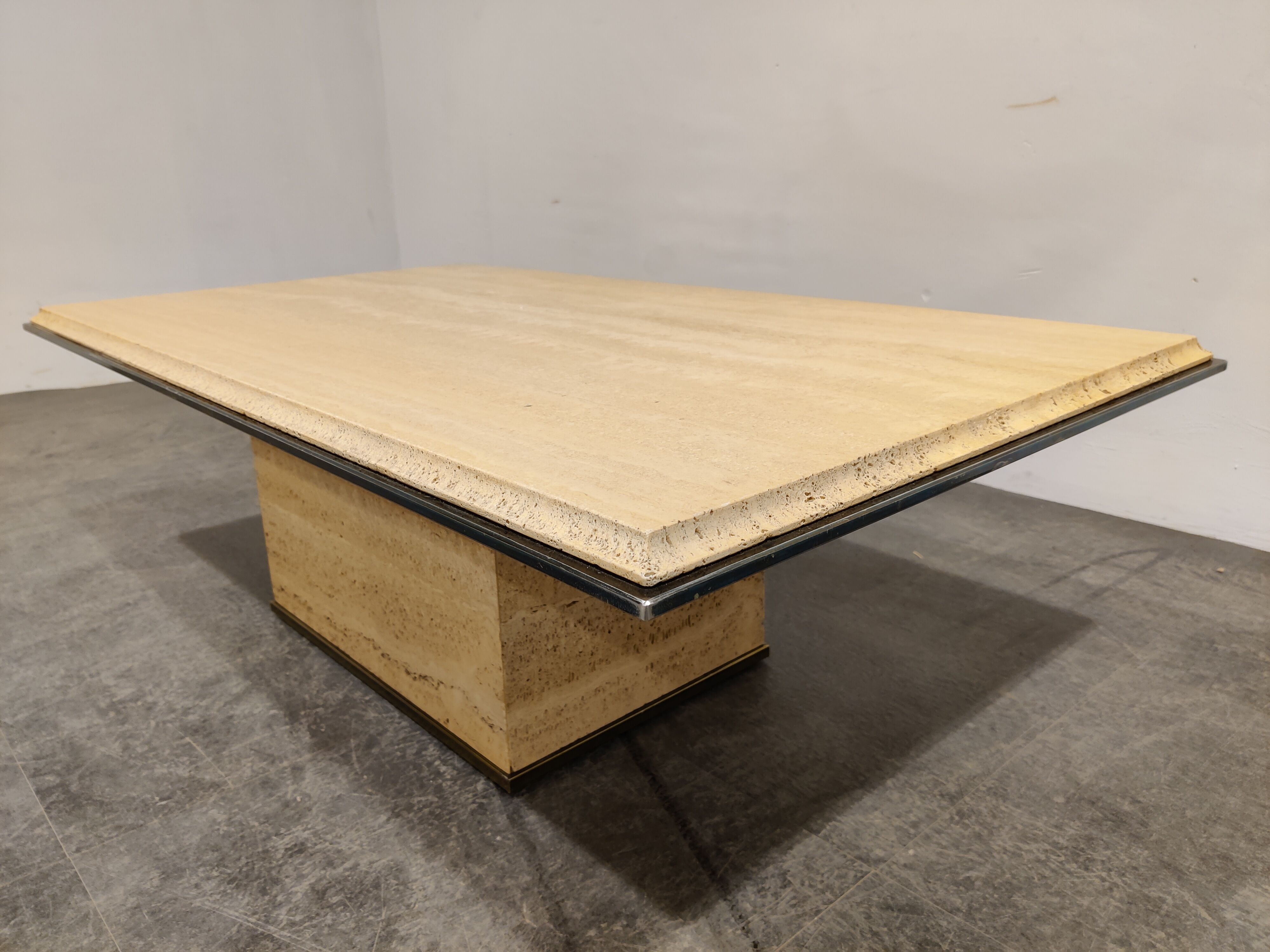 Vintage travertine and brass coffee table by Fedam, 1970s