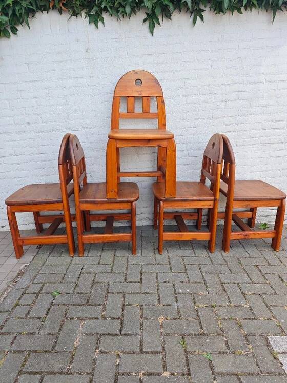 Ensemble de salle à manger de 5 chaises et table en bois massif - Style brutalisme, wabi-sabi, japandi
