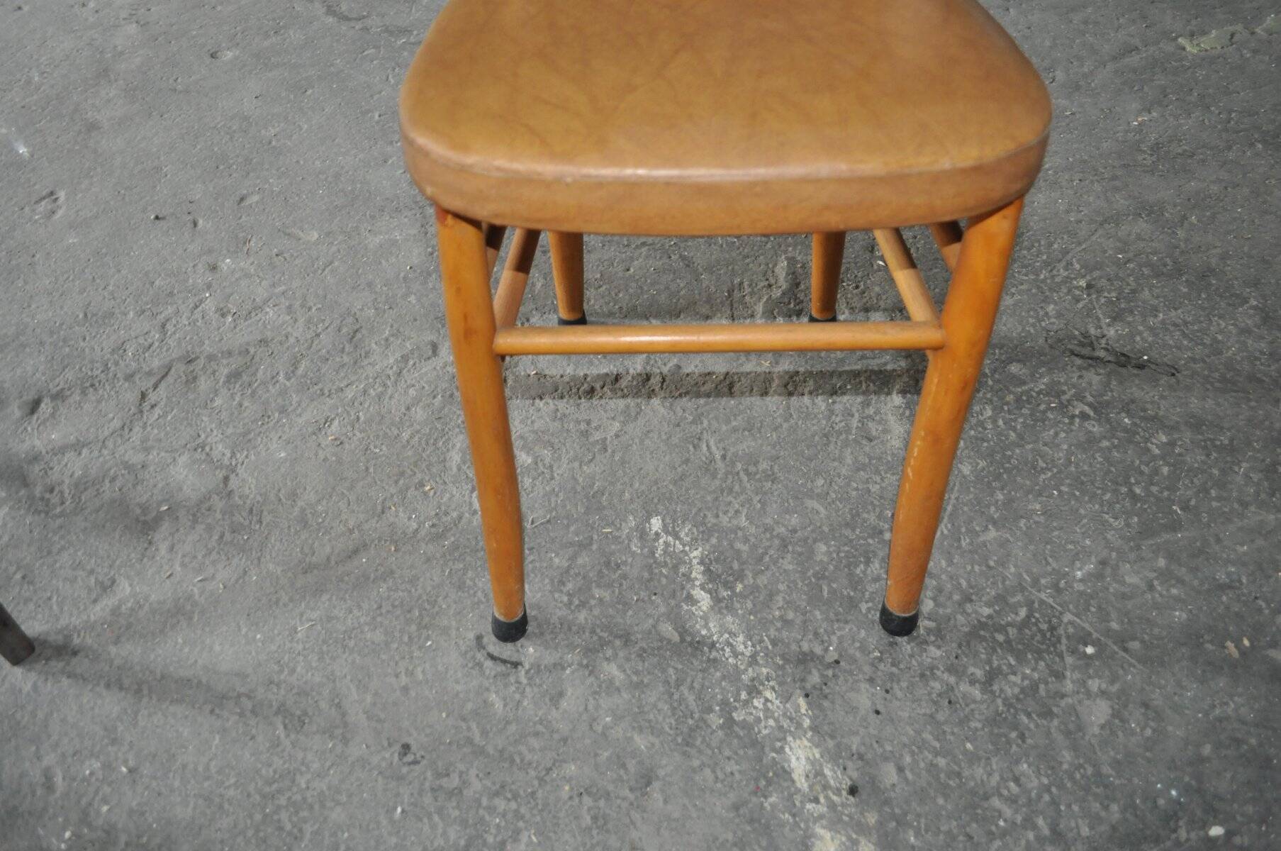 Vintage chair in brown faux leather and light wood, 1960s, padded seat.