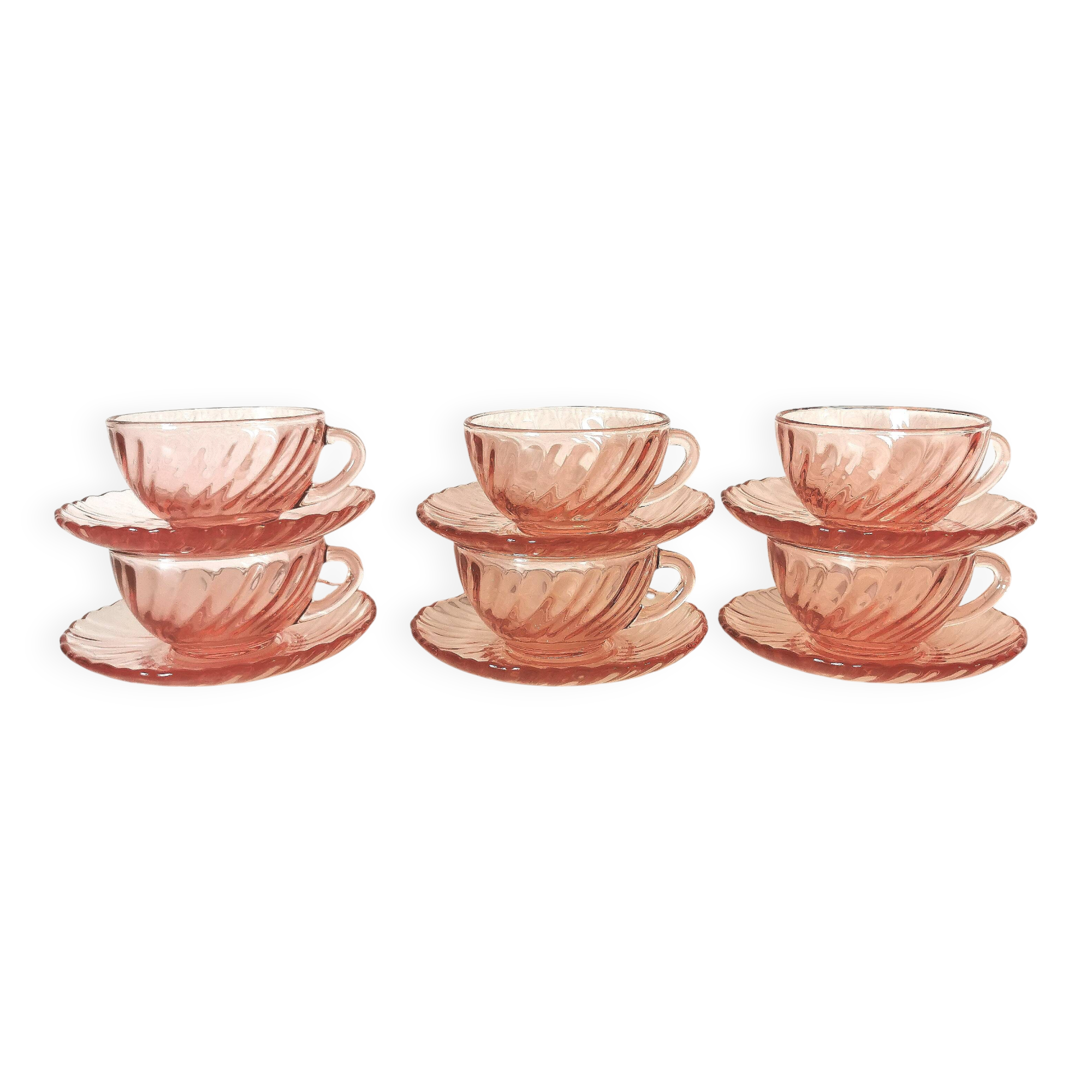 set of 6 pink glass coffee cups and saucers, rosaline