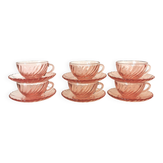 set of 6 pink glass coffee cups and saucers, rosaline
