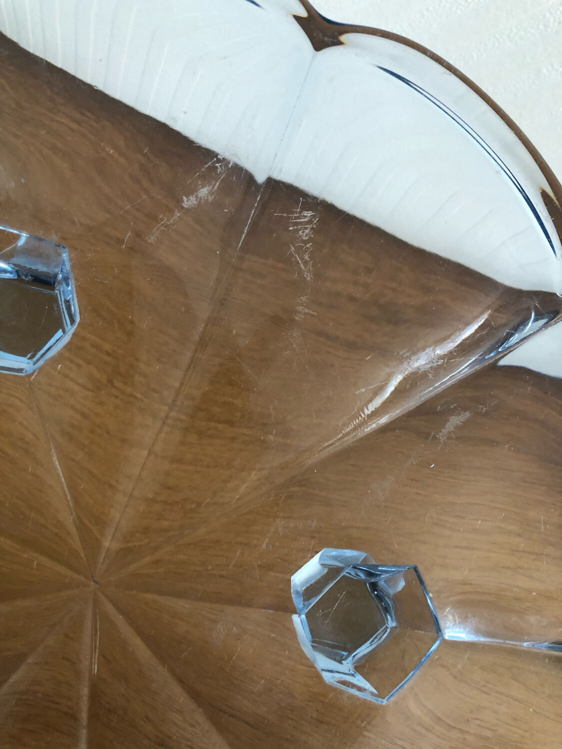 Blue transparent glass pie dish on vintage stand