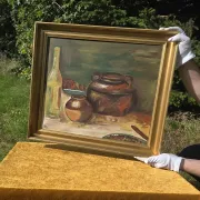 Peinture à l'huile de pot en cuivre de cuisine rustique - 1962