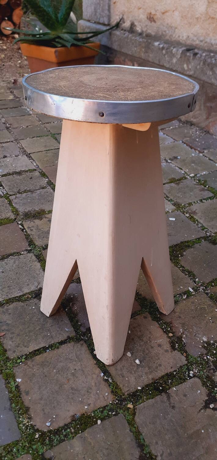 Tabouret,  porte plante vintage année 50 pied compas en chêne