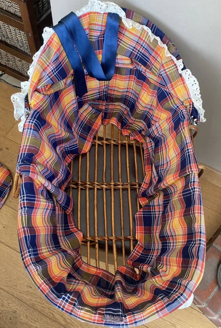 1970s wicker rattan portable bassinet cradle complete with bedding