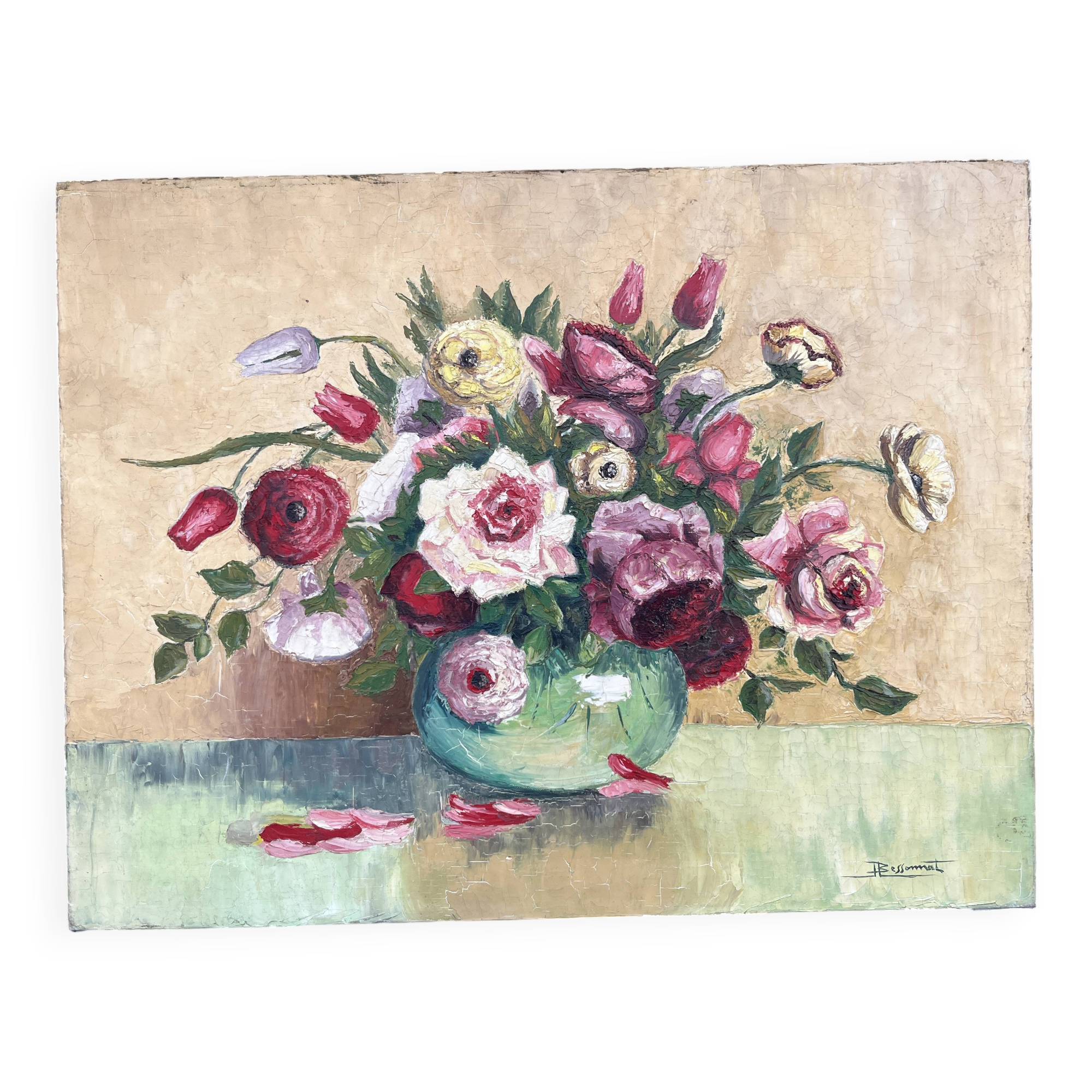 Magnifique Tableau fleurs dans un vase – huile sur toile