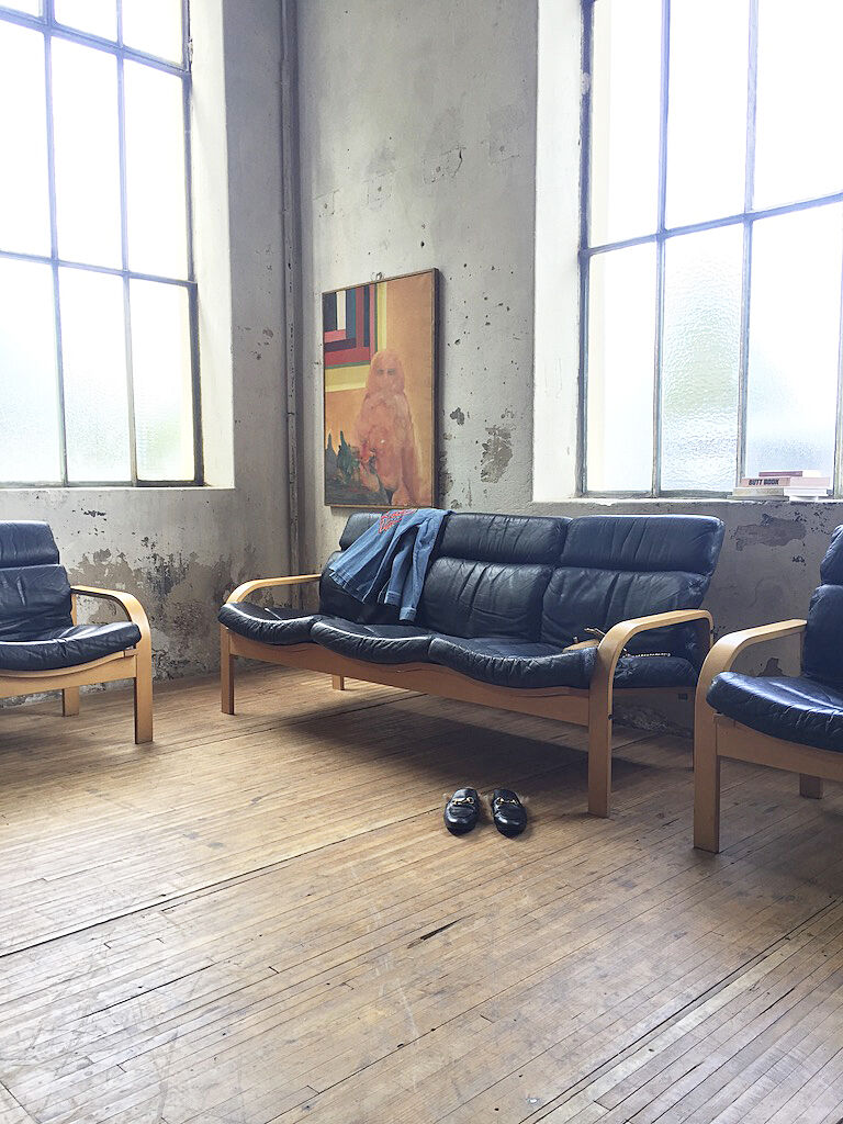 Danish sofa and armchairs curved wood and leather