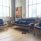Danish sofa and armchairs curved wood and leather