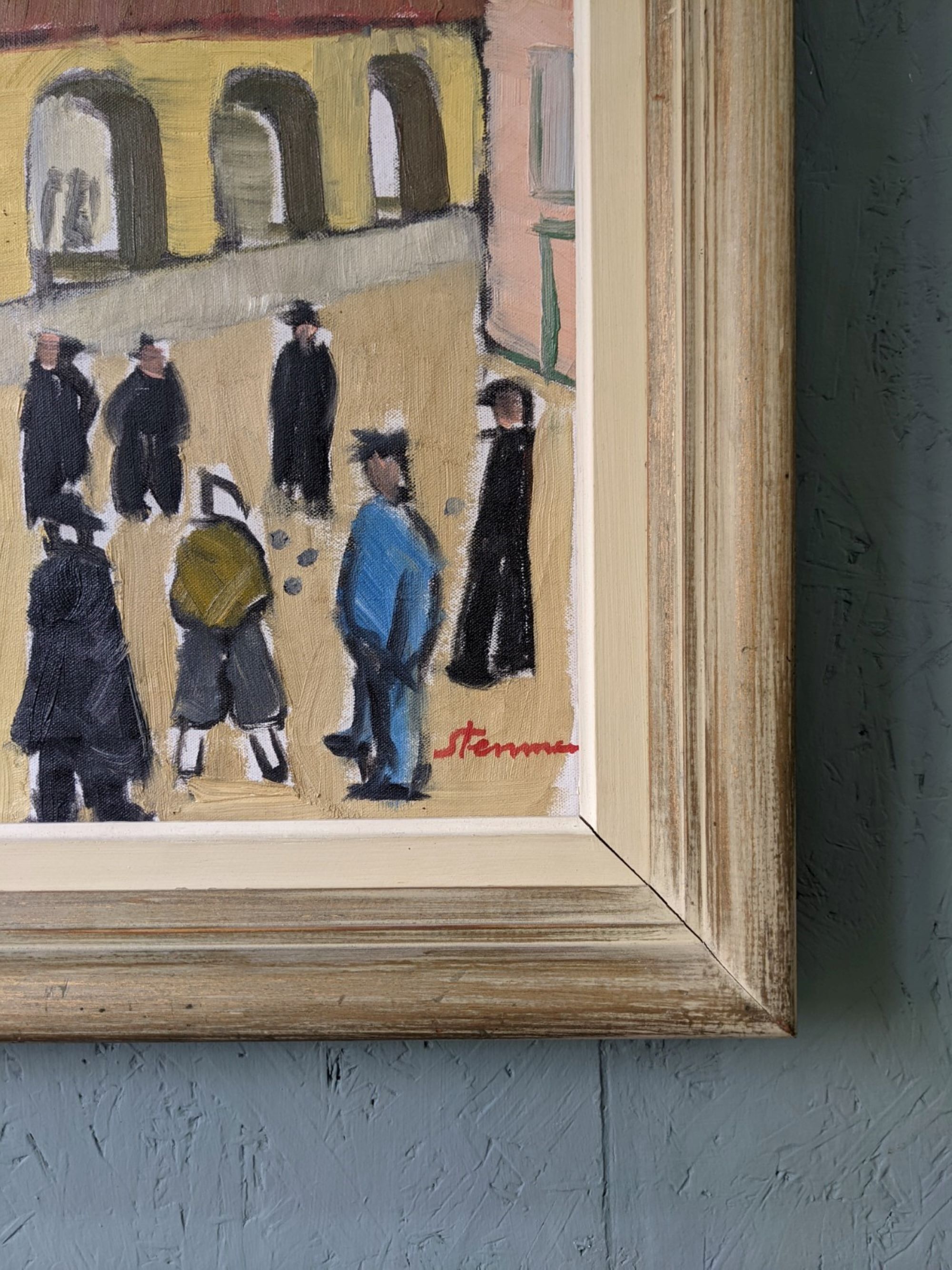 Mid-Century Modern Swedish Oil Painting "A Game of Petanque" Vintage Figurative Street Scene, Framed