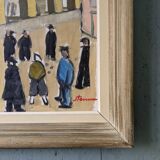 Mid-Century Modern Swedish Oil Painting "A Game of Petanque" Vintage Figurative Street Scene, Framed