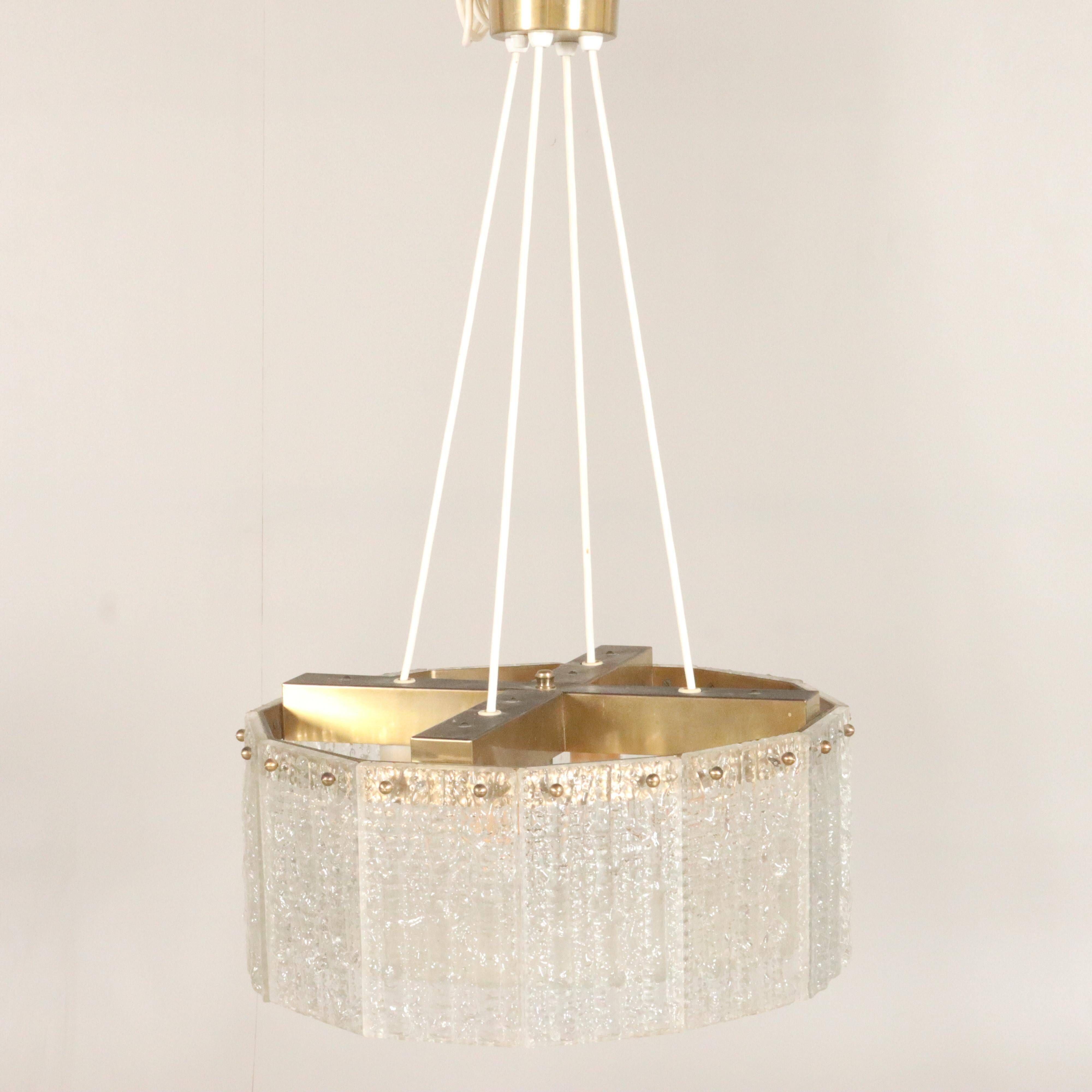 Moulded glass and brass ceiling light by Carl Fagerlund for Orrefors, Sweden, 1960.