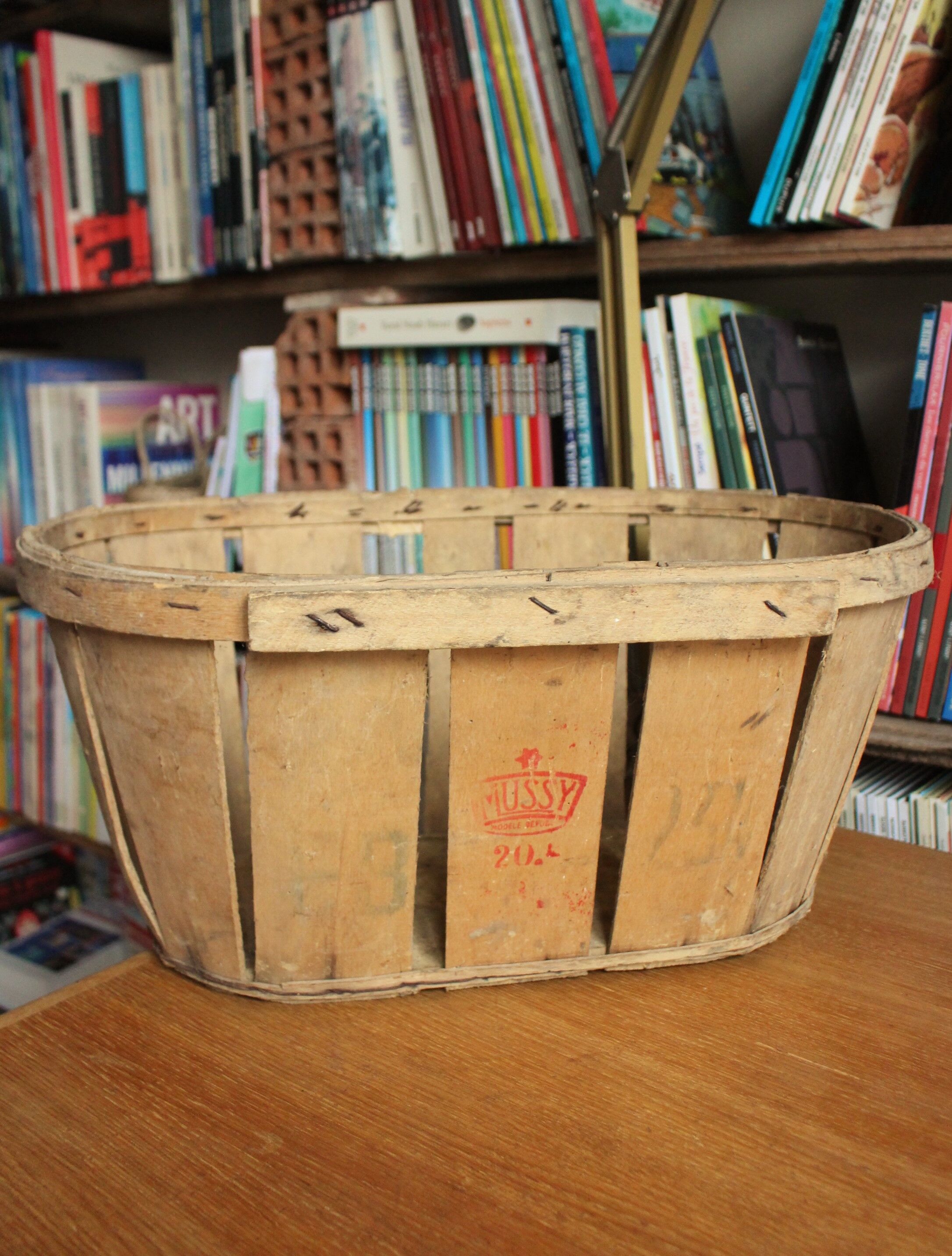 Wooden crate with slats strapping stamp mussy red storage