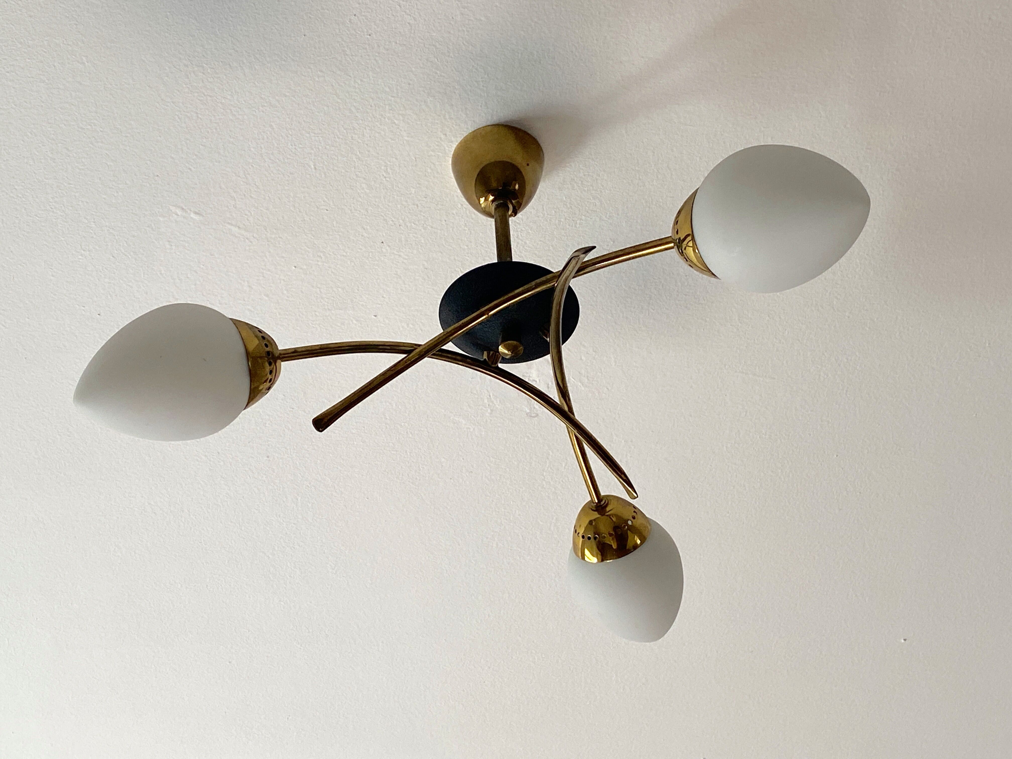 Chandelier 3 fires modernist metal and brass, 3 opalines 60s french design ceiling lamp suspension