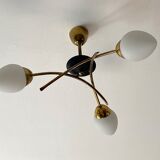 Chandelier 3 fires modernist metal and brass, 3 opalines 60s french design ceiling lamp suspension