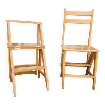 2 chaises échelles de bibliothèque des années 1950