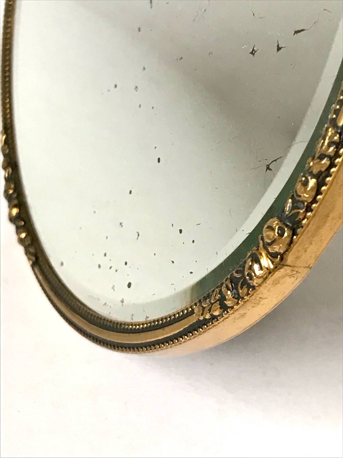 Antique Beveled Mirror with Metal frame Gold colored brass 14 cm diameter