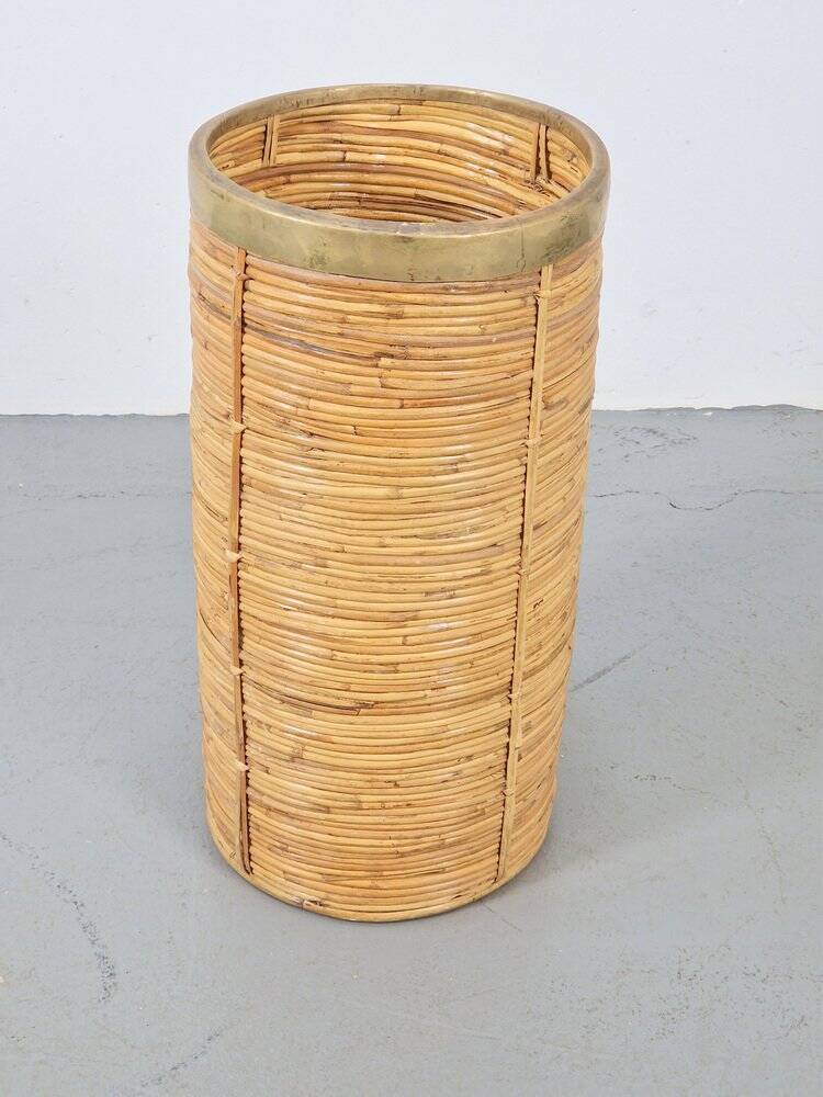 Vintage Bamboo and Brass Umbrella Stand, Italy, 1970s