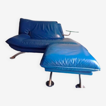 Nicoletti Home leather chaise longue and footrest made in Italy royal blue