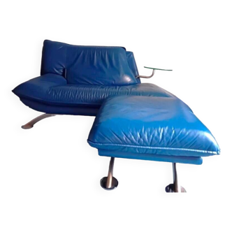 Nicoletti Home leather chaise longue and footrest made in Italy royal blue