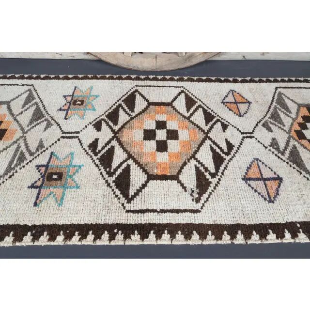 Vintage Turkish Oushak Handmade Wool Cotton White Runner Rug 81x363