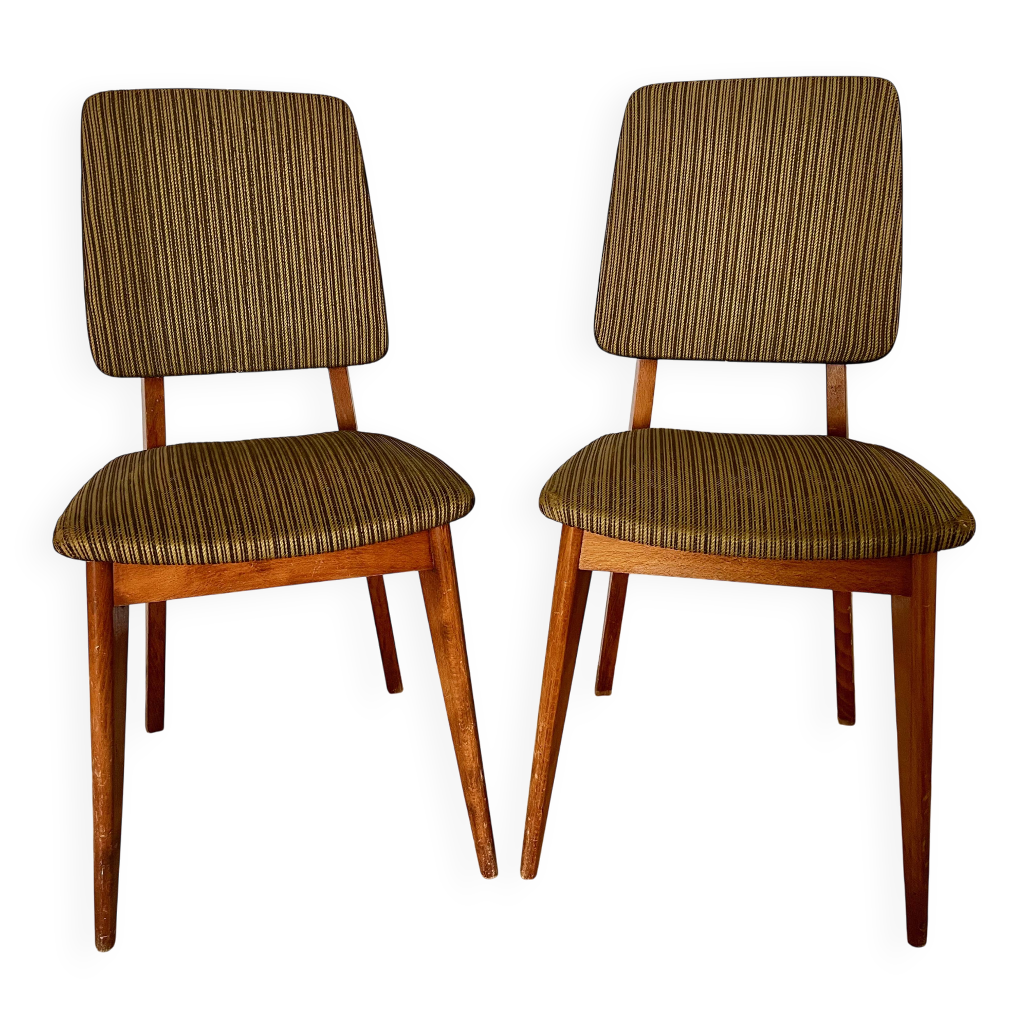 Pair of vintage chairs, in wood & green fabricpair of vintage chairs, in
