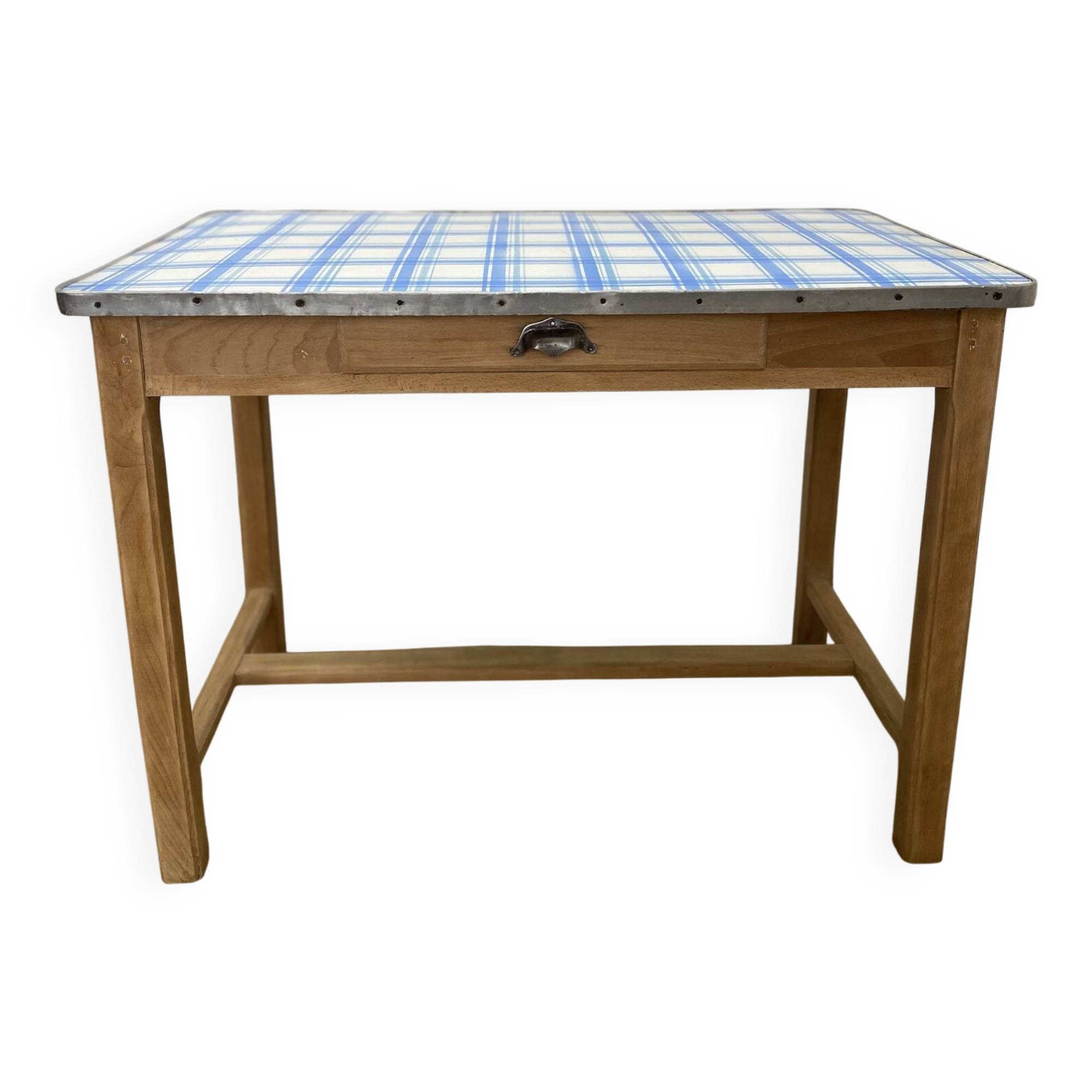 Farmhouse table with enamelled metal top