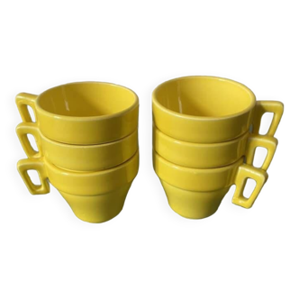 Set of 6 yellow porcelain cups stamped Salins France