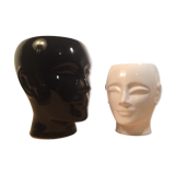 2 black and white ceramic head vases, face