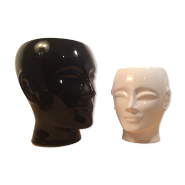 2 vases tête céramique noir et blanc visage
