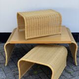 Pine wood and ratan table with 2 ottomans