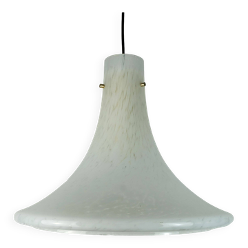 large 1970s glashuette limburg PENDANT LIGHT white opaline bubble glass trumpet-shaped shade P283 42