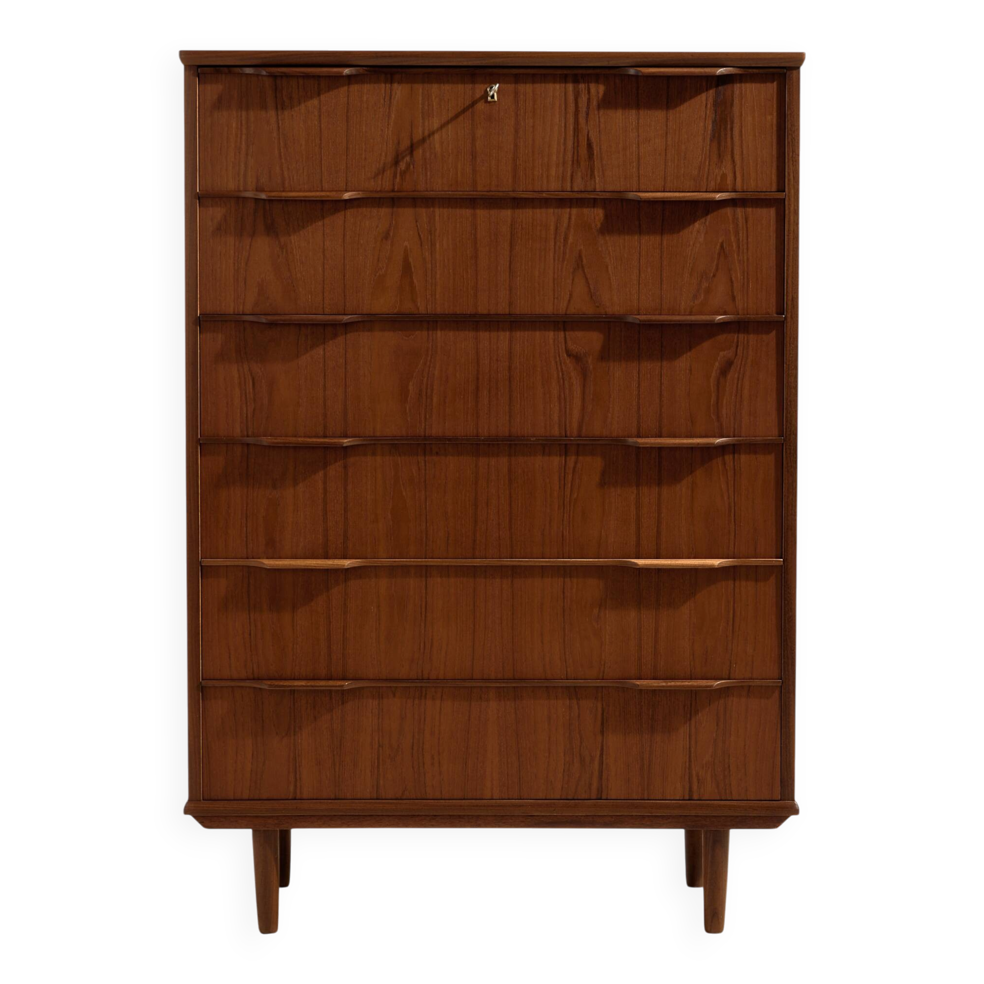 Commode en teck restaurée avec six tiroirs