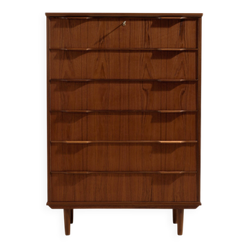 Restored teak chest of drawers with six drawers.
