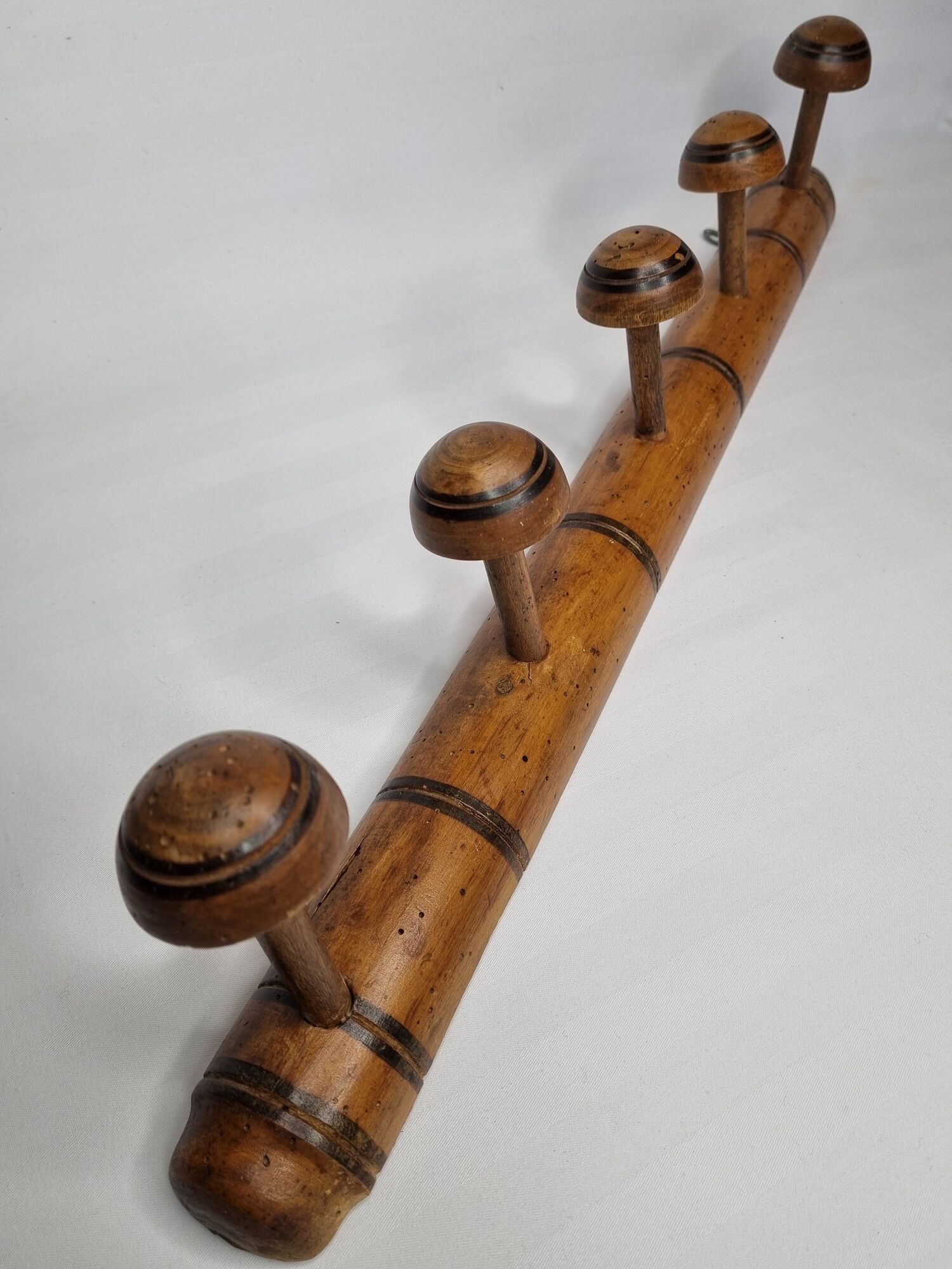 Old wooden coat rack turned in imitation of bamboo, 5 hooks, 63 cm
