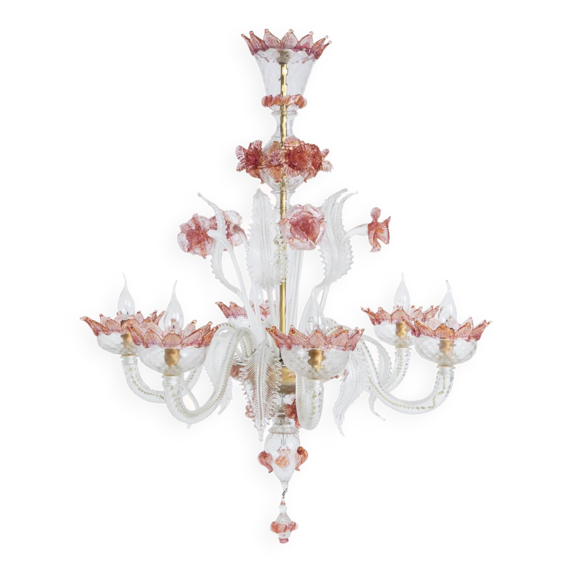 Venetian Murano Glass 6-Light Chandelier in White and Pink