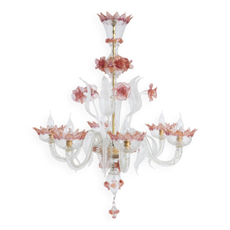 Venetian Murano Glass 6-Light Chandelier in White and Pink