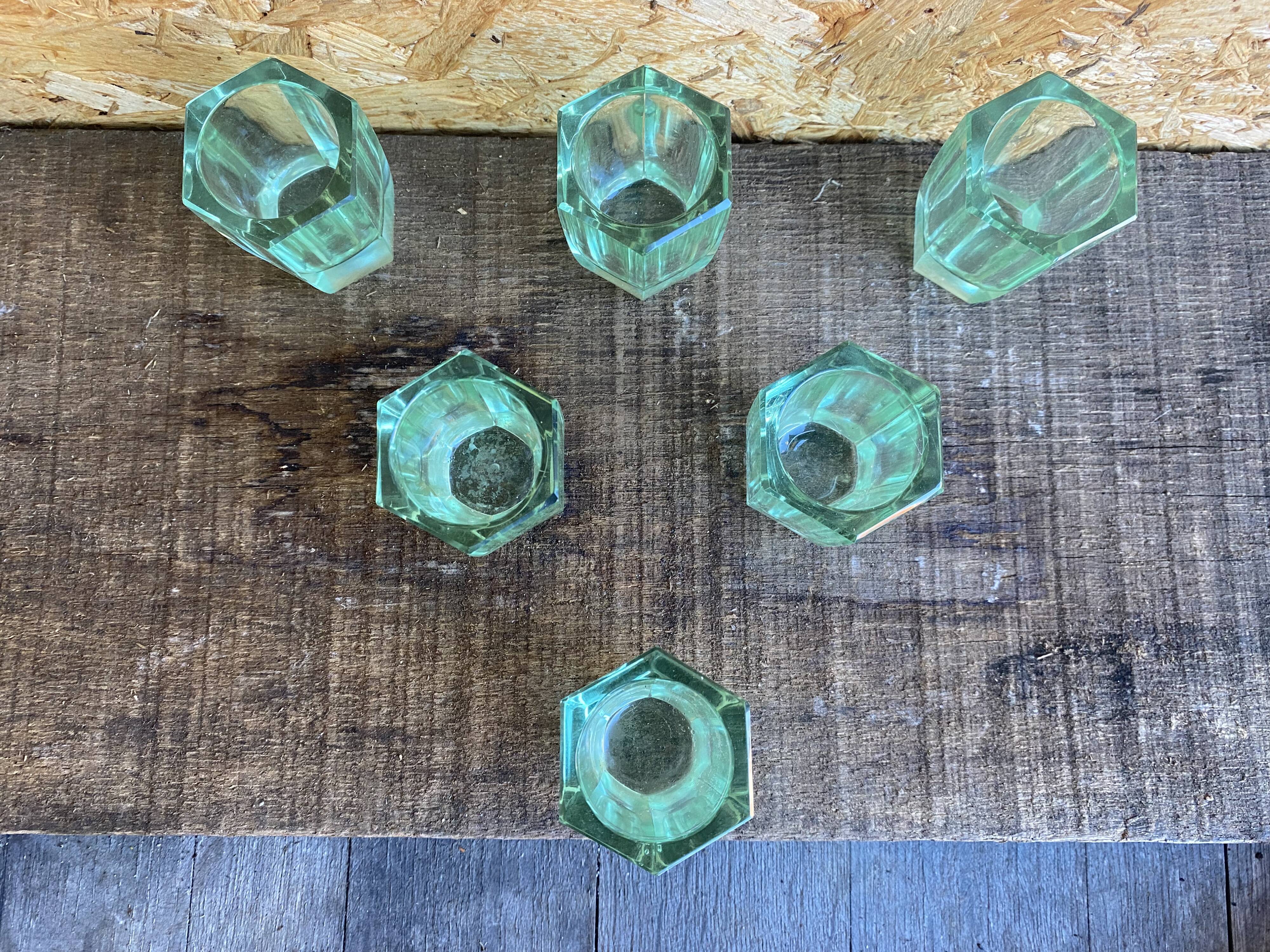 Set of 6 antique liqueur glasses moser moulded uranium glass beryl art deco