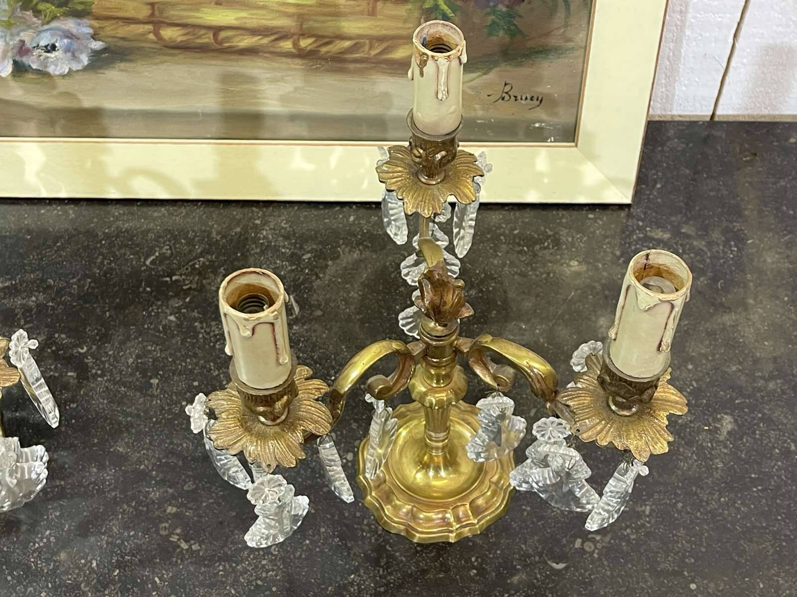 Pair of bronze chandeliers with crystal drops from the 1960s